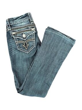 Y2K Women’s Rock Revival Embroidered Size 26 Flared Blue Jeans